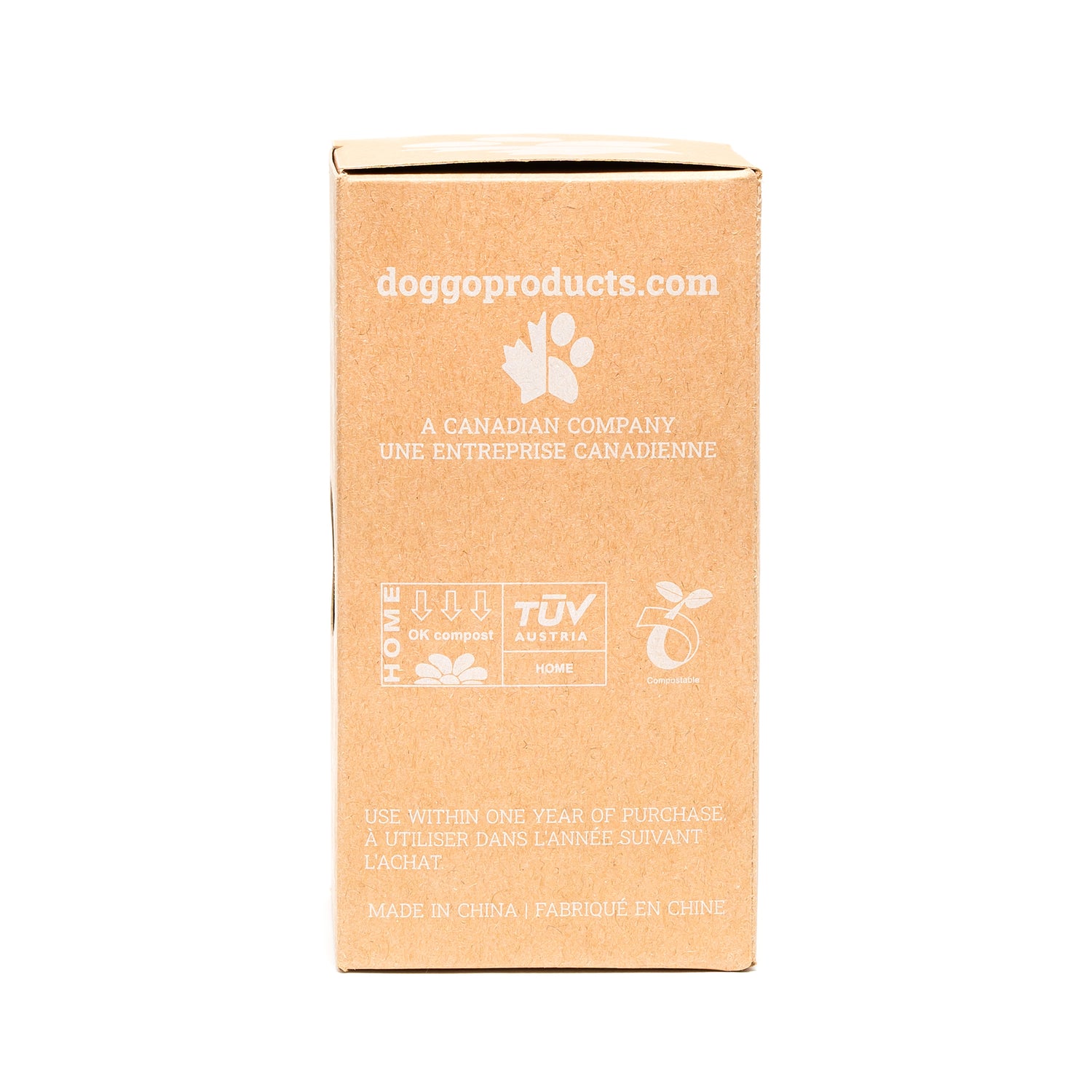 DogGo compostable waste poop bags, compostable certifications on side of box packaging.