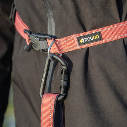 Detail photo of the automatically locking carabiner on the DogGo Hands-Free Adventure Belt, in alpenglow blush.