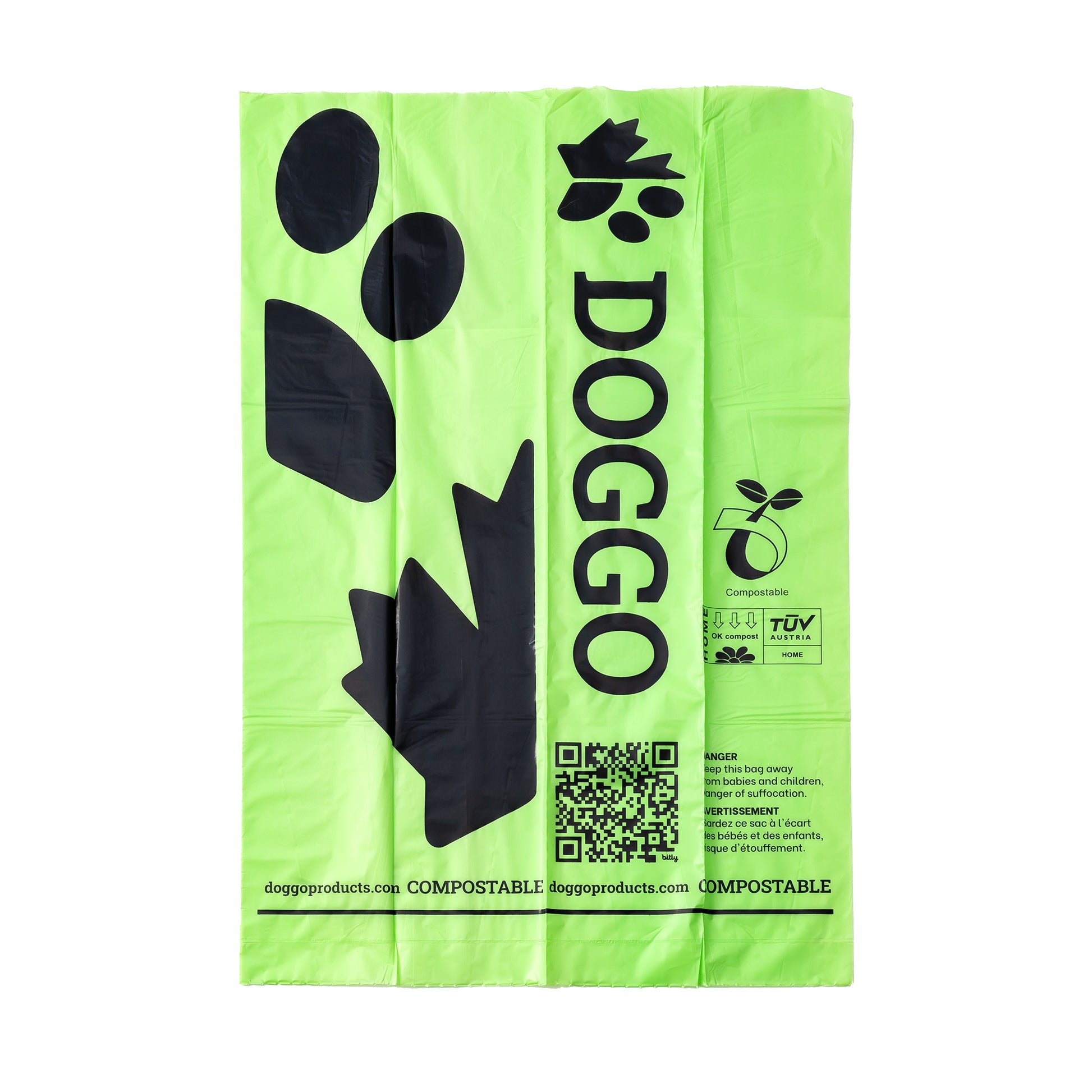 DogGo compostable waste poop bags, unrolled bag showing design and dimensions.