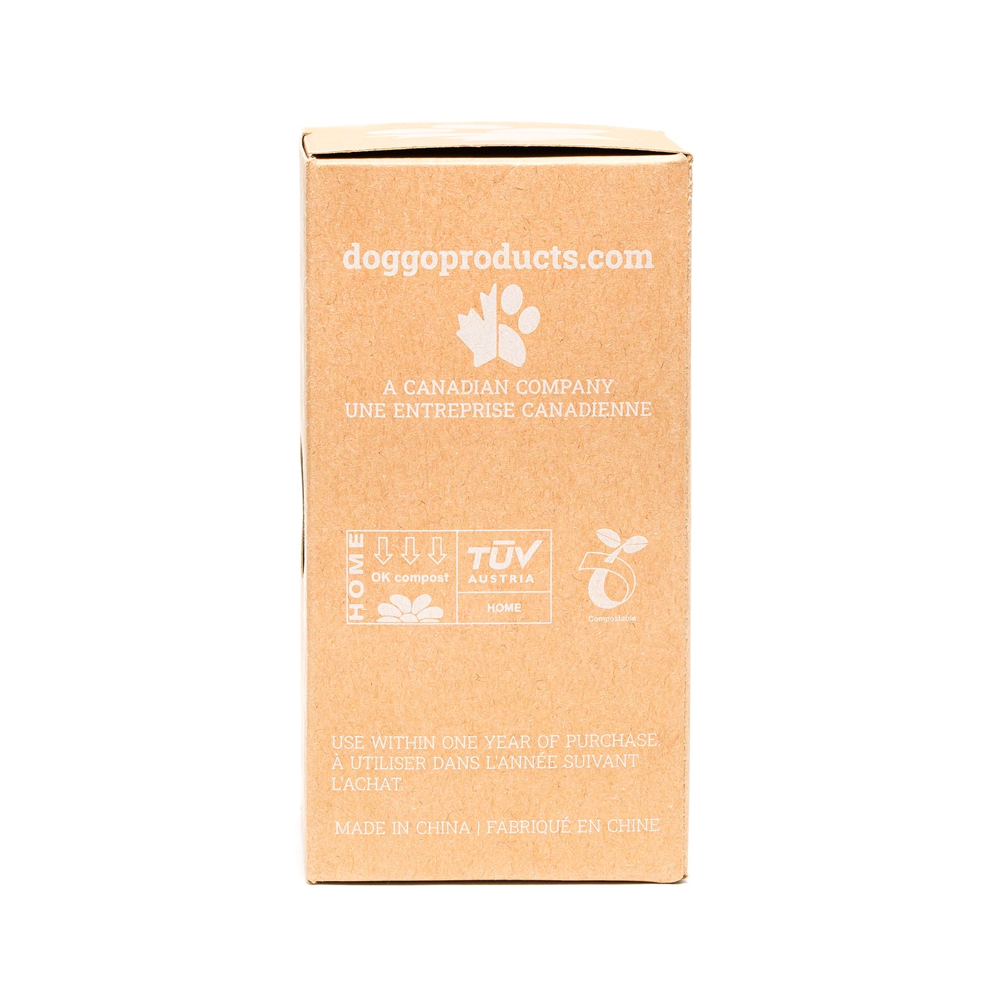 DogGo compostable waste poop bags, compostable certifications on side of box packaging.