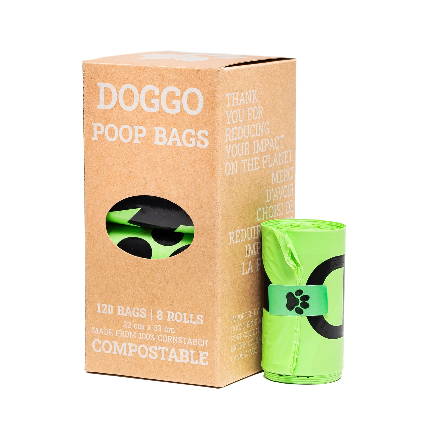 DogGo compostable waste poop bags, complete packaging and roll.