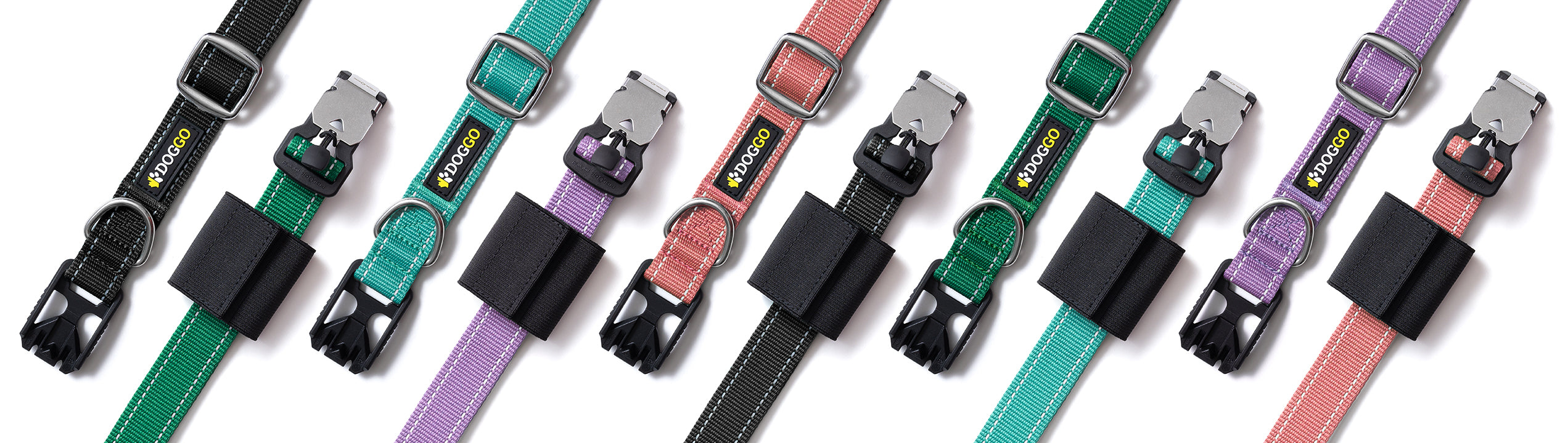 A collage showing all available colour options and Fidlock magnetic buckles for the Hands-Free dog Adventure Belts.