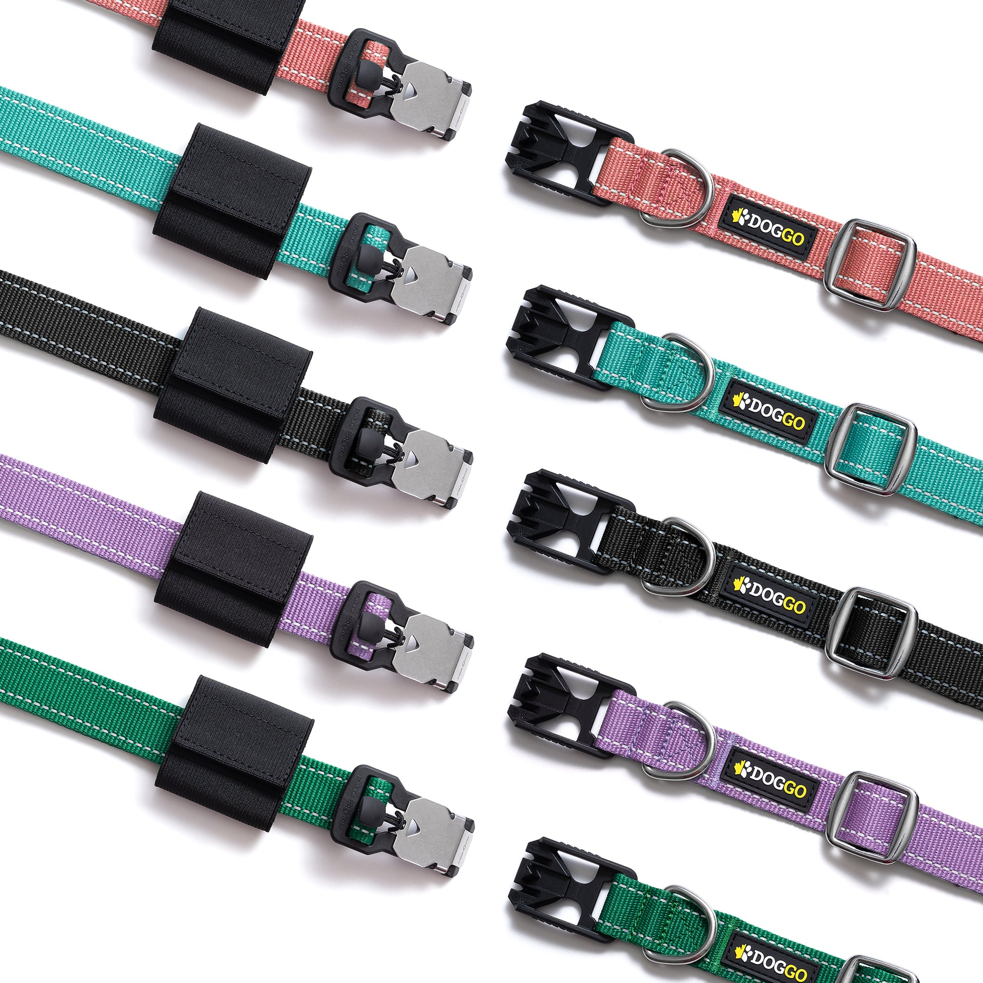 A collage showing all available colour options and Fidlock magnetic buckles for the Hands-Free dog Adventure Belts.