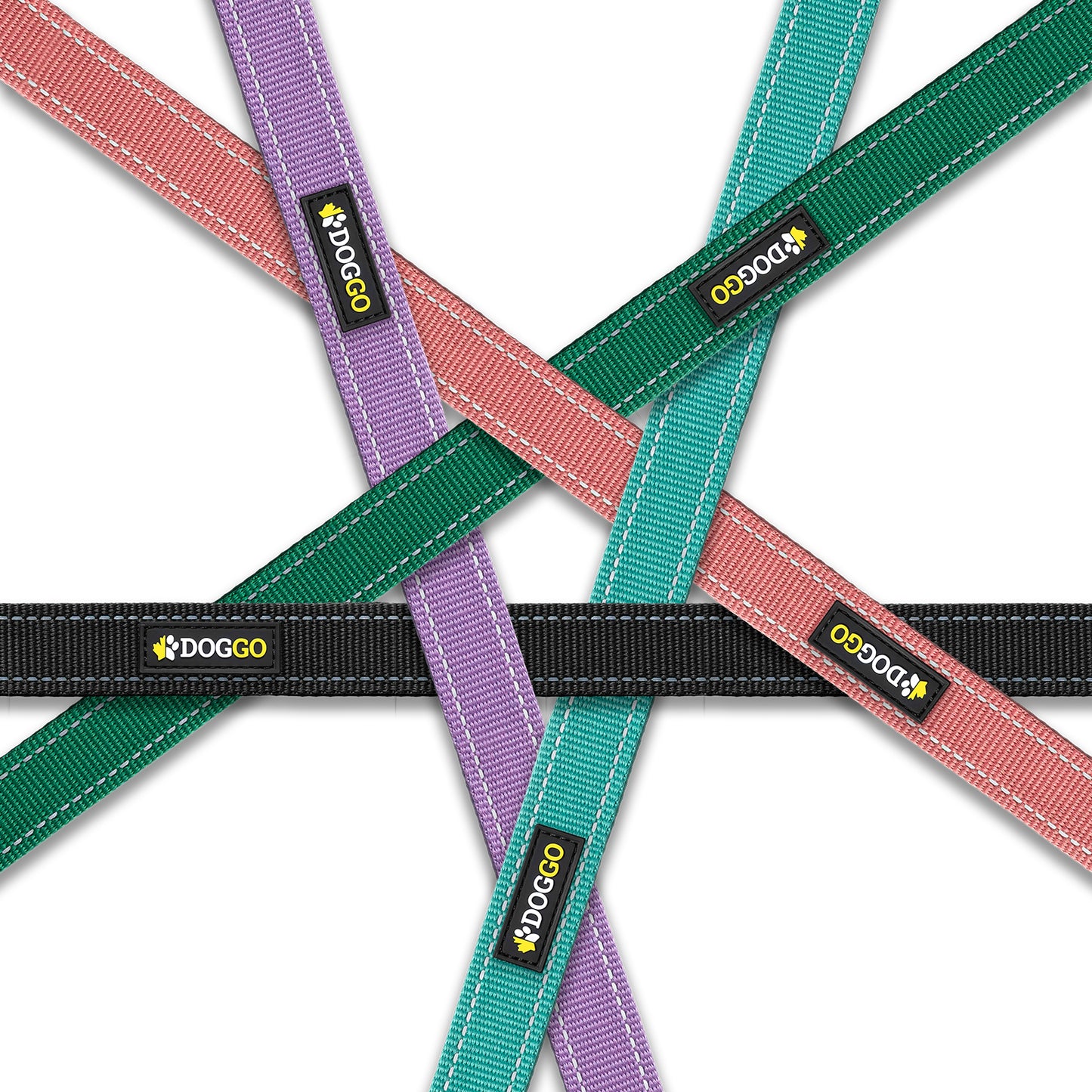 A collage showing all available colour options for the webbing on DogGo belts, leashes and collars.